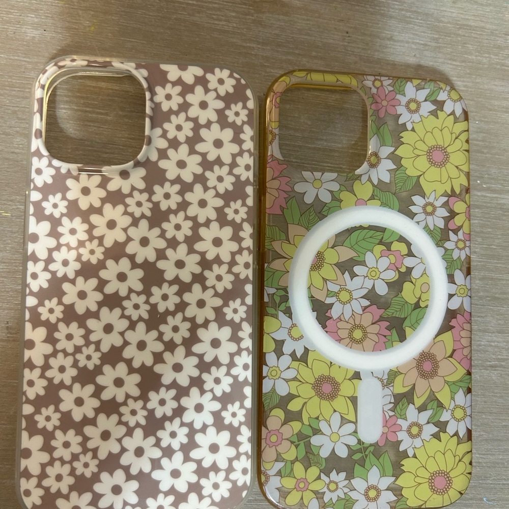 Two floral Patterned iPhone 14 Cases - Brown/tan/cream and yellow/pink floral